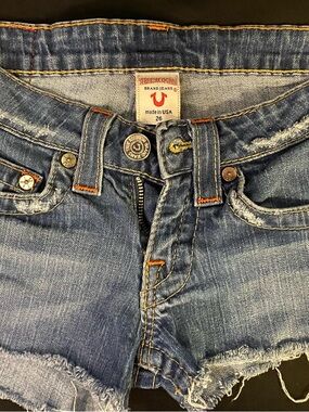 True Religion Distressed Blue Denim Cutoff Shorts